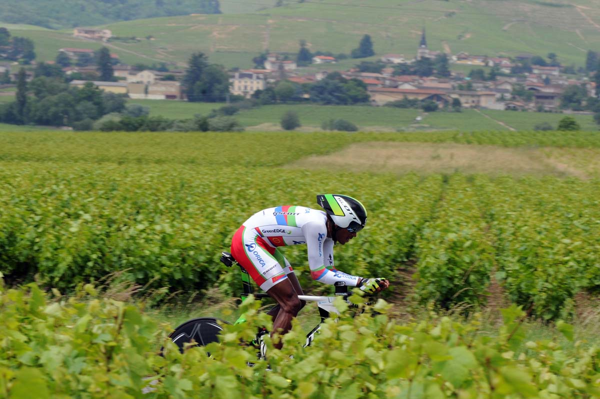 Eritrean Daniel Teklehaimanot competes during the 53,5 km time-trial of the 64th edition of the Dauphine Criterium cycling race run, between Villie-Morgon and Bourg-en-Bresse, southeastern France. 